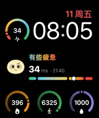 Apple Watch 表盘,展示压力、心率变异性、能量、步数和喝水组件