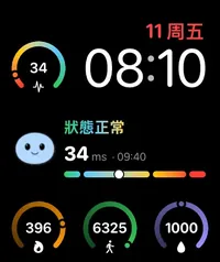 Apple Watch 錶盤,展示壓力、心率變異性、能量、步數和喝水元件